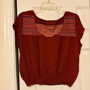 Vintage Bohemian Crochet Elastic Hem Crop Top Burgundy Size Small